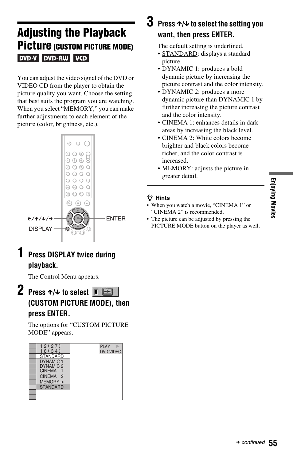 Adjusting the playback picture | Sony DVP-NC665P User Manual | Page 55 / 78