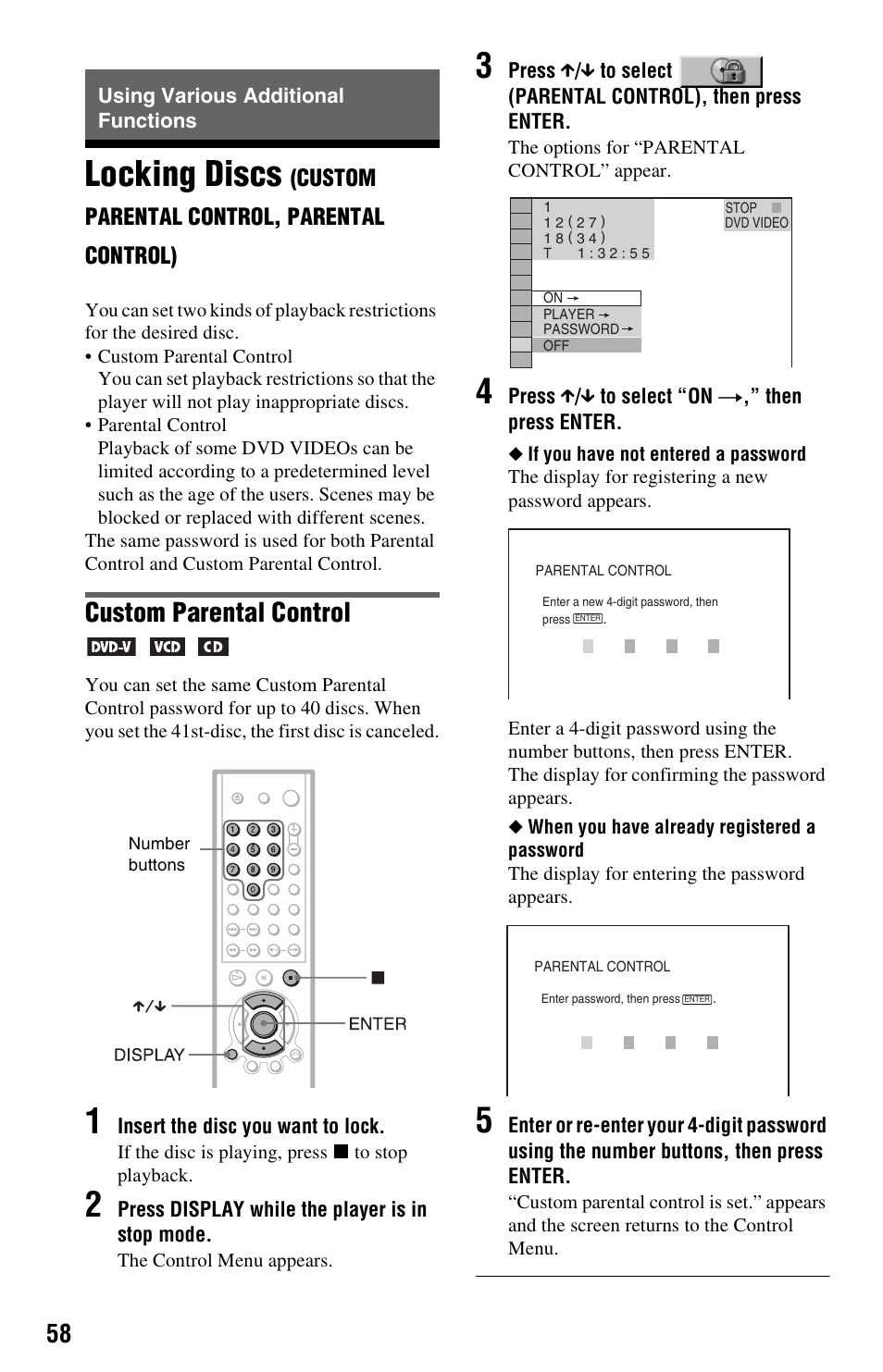 Using various additional functions, Locking discs, Custom parental control | Sony DVP-NC665P User Manual | Page 58 / 78