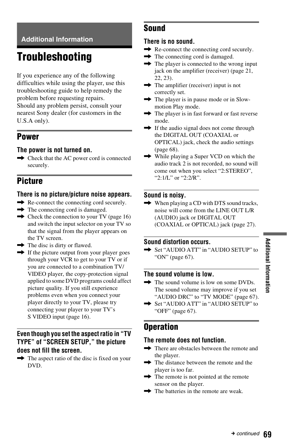 Additional information, Troubleshooting, Power | Picture, Sound, Operation | Sony DVP-NC665P User Manual | Page 69 / 78