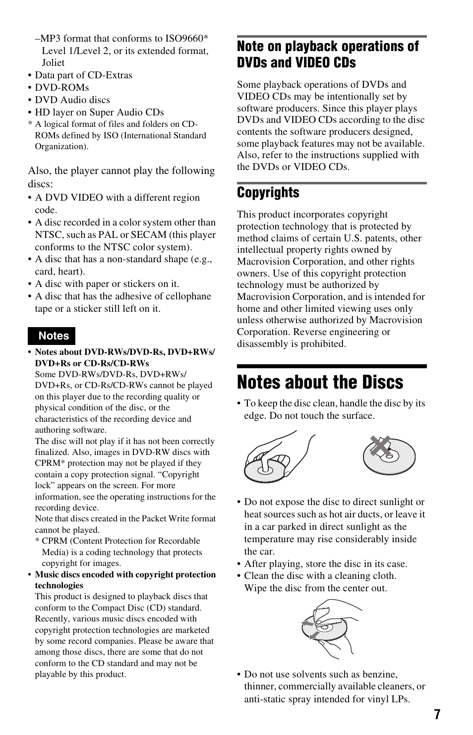 Notes about the discs, Copyrights | Sony DVP-NC665P User Manual | Page 7 / 78