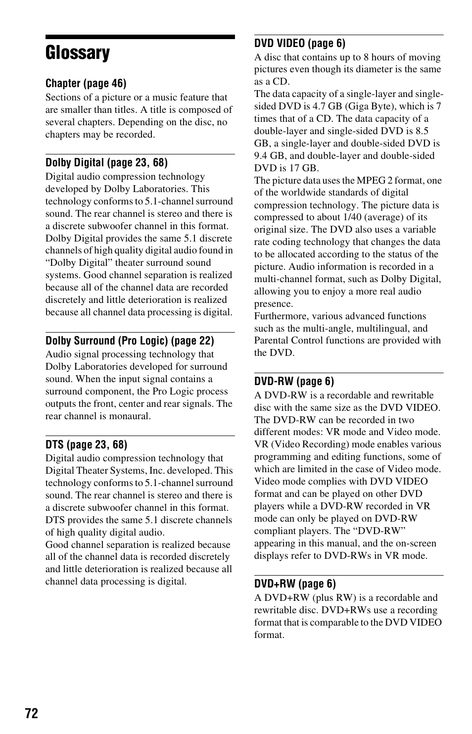 Glossary | Sony DVP-NC665P User Manual | Page 72 / 78