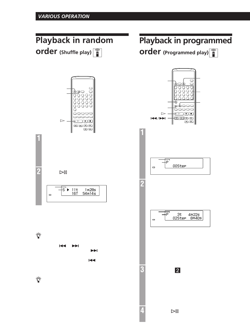 Playback in programmed order, Playback in random order, Various operation | Programmed play), Repeat step 2 to program other tracks, Press the fl button, Press fl button, Shuffle play) | Sony CDP-D11 User Manual | Page 10 / 24