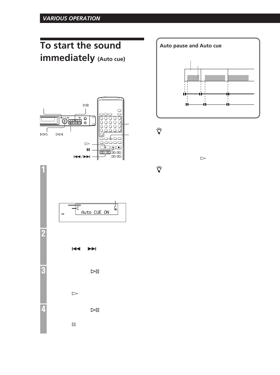 Various operation, Auto cue) | Sony CDP-D11 User Manual | Page 14 / 24