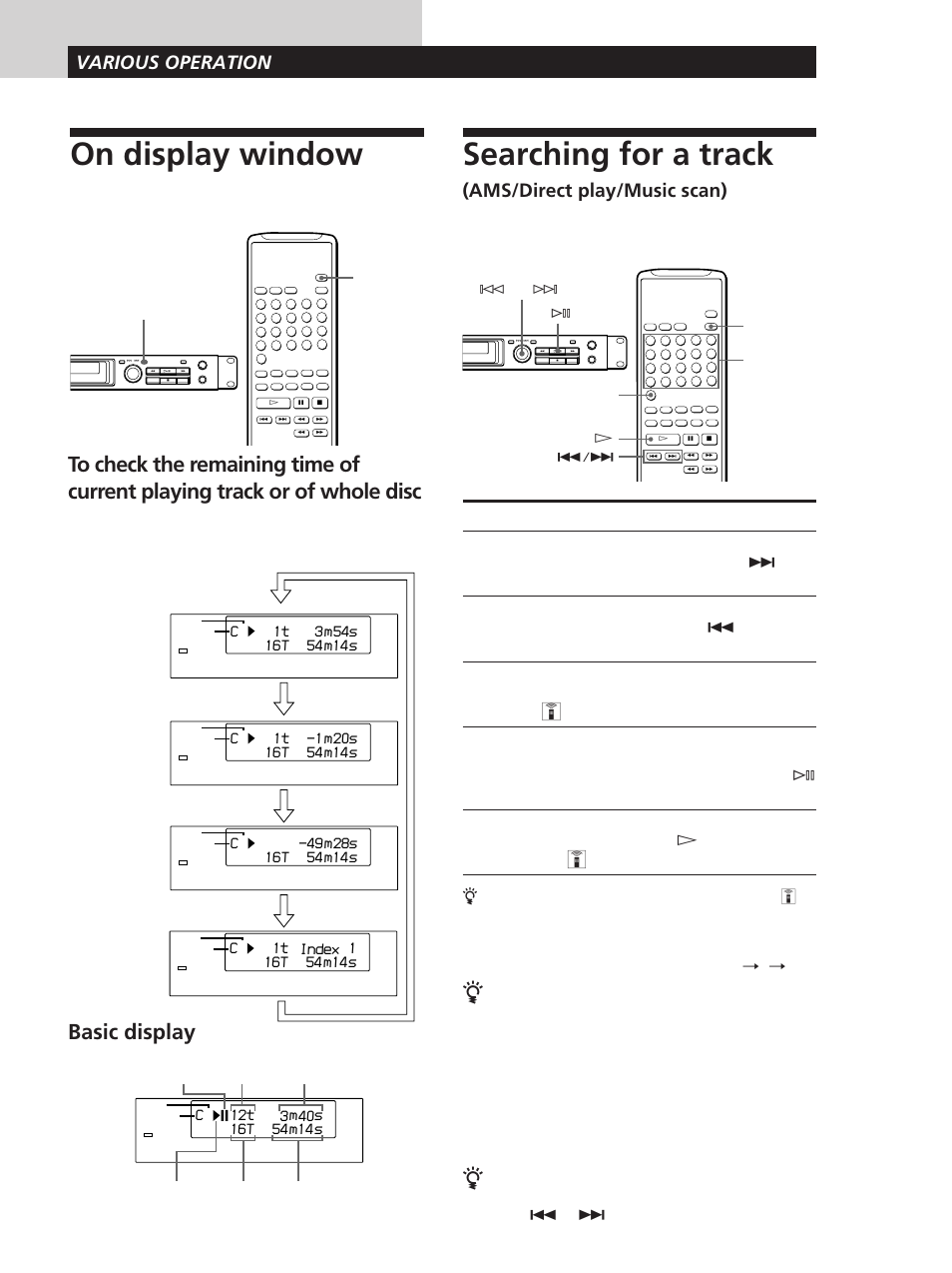 On display window, Searching for a track, З¢зоз¢зоз»зƒк∂ çãçµç©çω various operation | Various operation, Ams/direct play/music scan), Operation, How to search | Sony CDP-D11 User Manual | Page 7 / 24