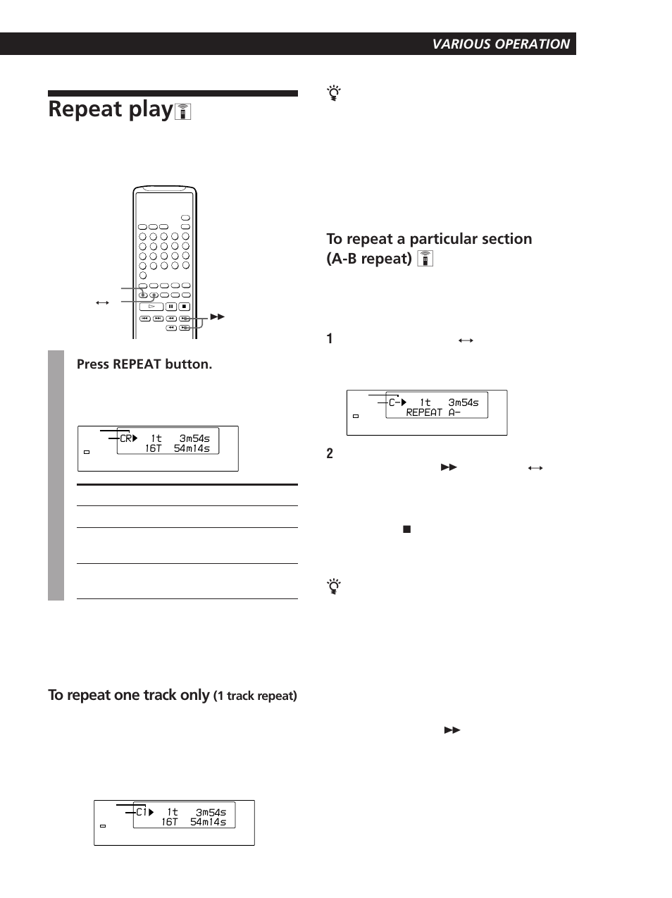 Repeat play, З¢зоз¢зоз»зƒк∂ çãçµç©çω various operation, Press repeat button | 1 track repeat) | Sony CDP-D11 User Manual | Page 9 / 24