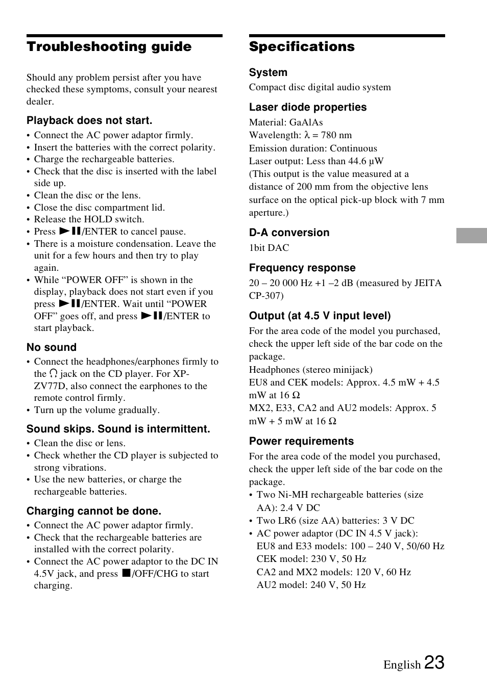 Troubleshooting guide, Specifications | Sony XP-ZV77D User Manual | Page 23 / 28