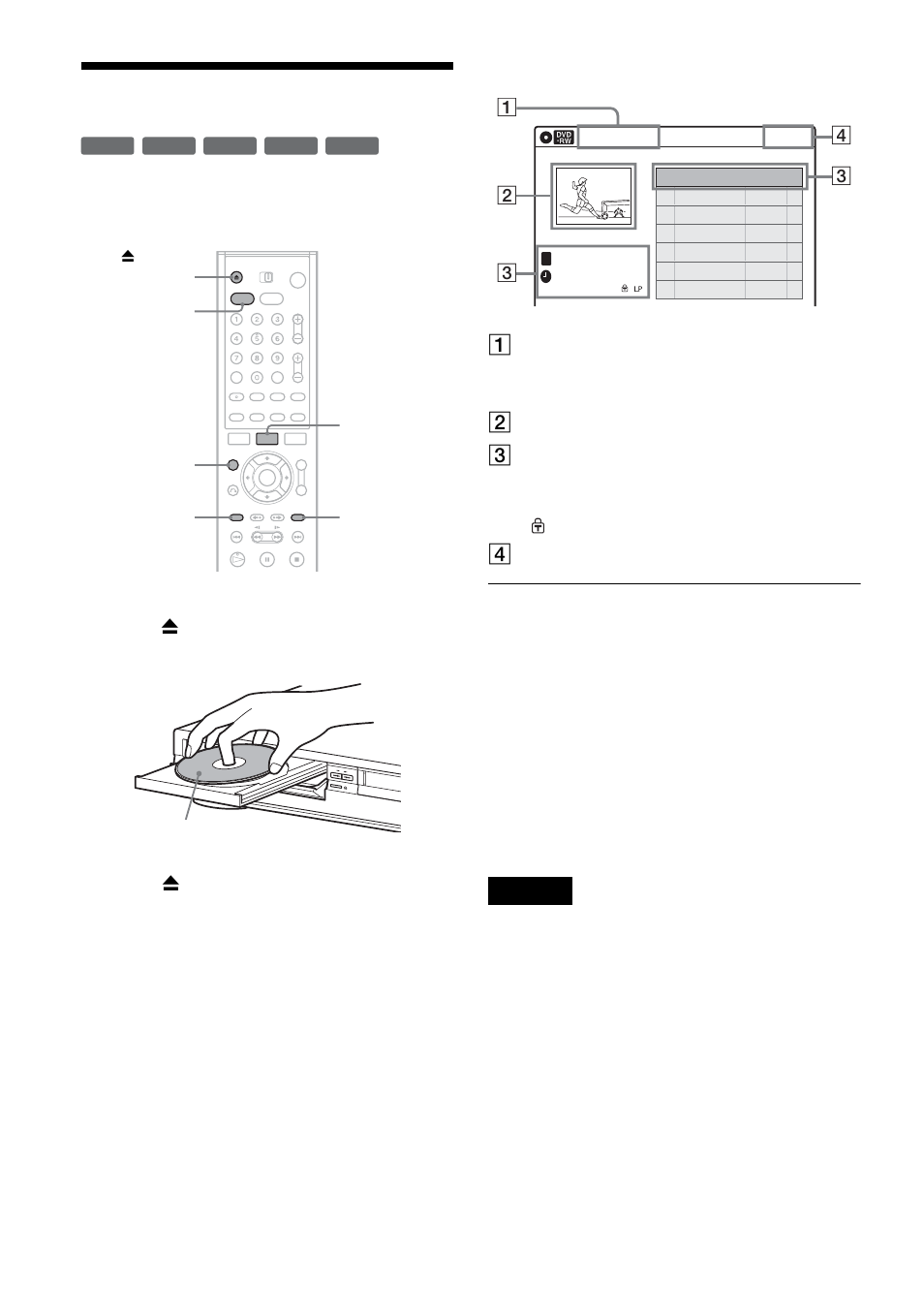 Using the title list, Press dvd to control the dvd recorder, Press z open/close to close the disc tray | Press title list, A title type (dvd-rw in vr mode only), B movie thumbnail image c title information, D clock about the title list for dvd-rws (vr mode) | Sony RDR-VX500 User Manual | Page 42 / 128