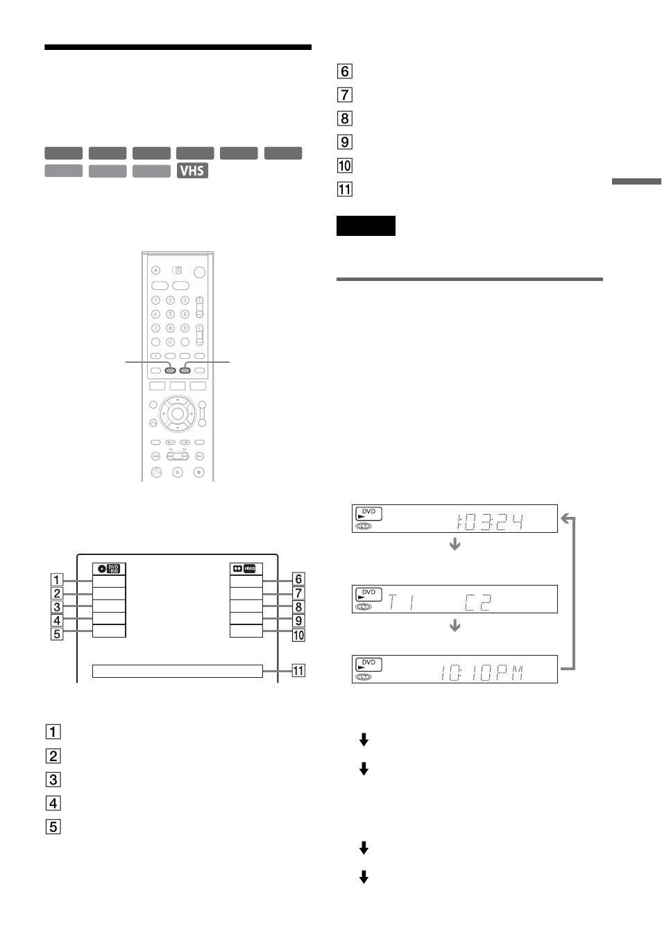 Checking the play information and playing time, Checking the playing/remaining time, Press display | Press time/text repeatedly, Front panel display | Sony RDR-VX500 User Manual | Page 45 / 128