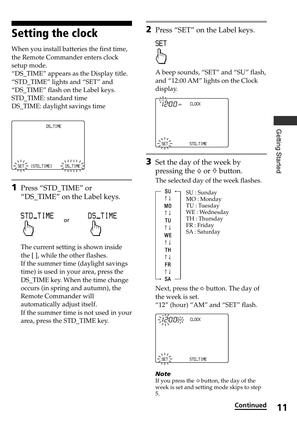 Setting the clock, Press “std_time” or “ds_time” on the label keys, Press “set” on the label keys | Sony RM-AX4000 User Manual | Page 11 / 96