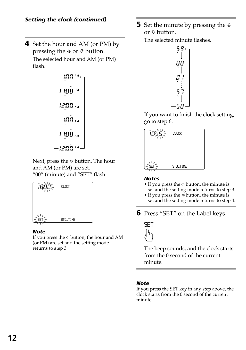 Set the minute by pressing the f or f button, Press “set” on the label keys | Sony RM-AX4000 User Manual | Page 12 / 96