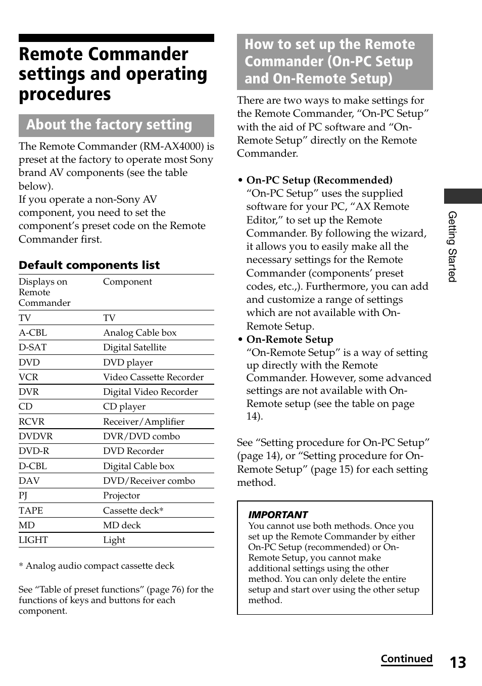 Remote commander settings and operating procedures, About the factory setting | Sony RM-AX4000 User Manual | Page 13 / 96