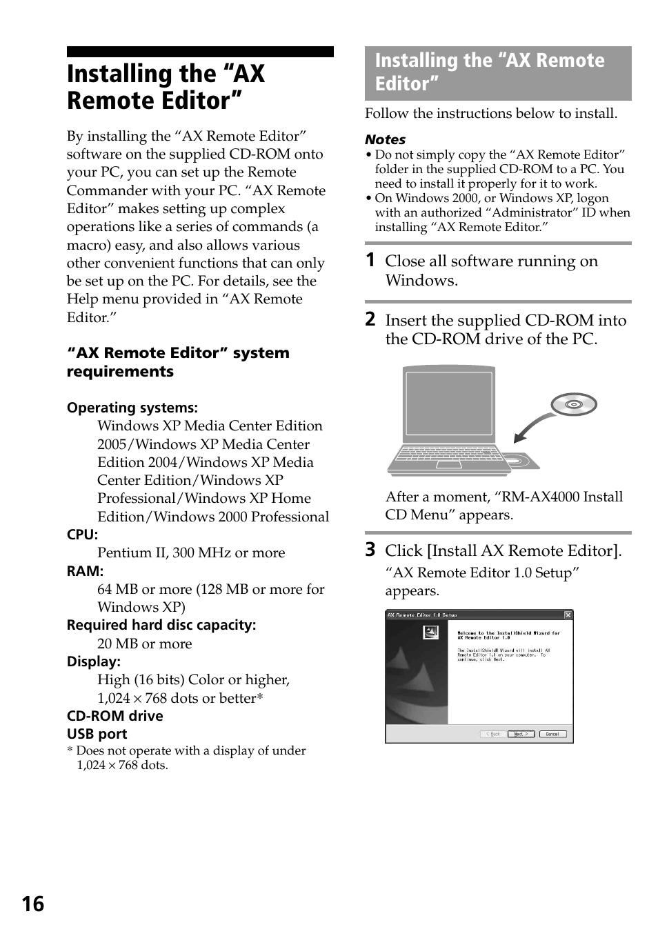 Installing the “ax remote editor | Sony RM-AX4000 User Manual | Page 16 / 96