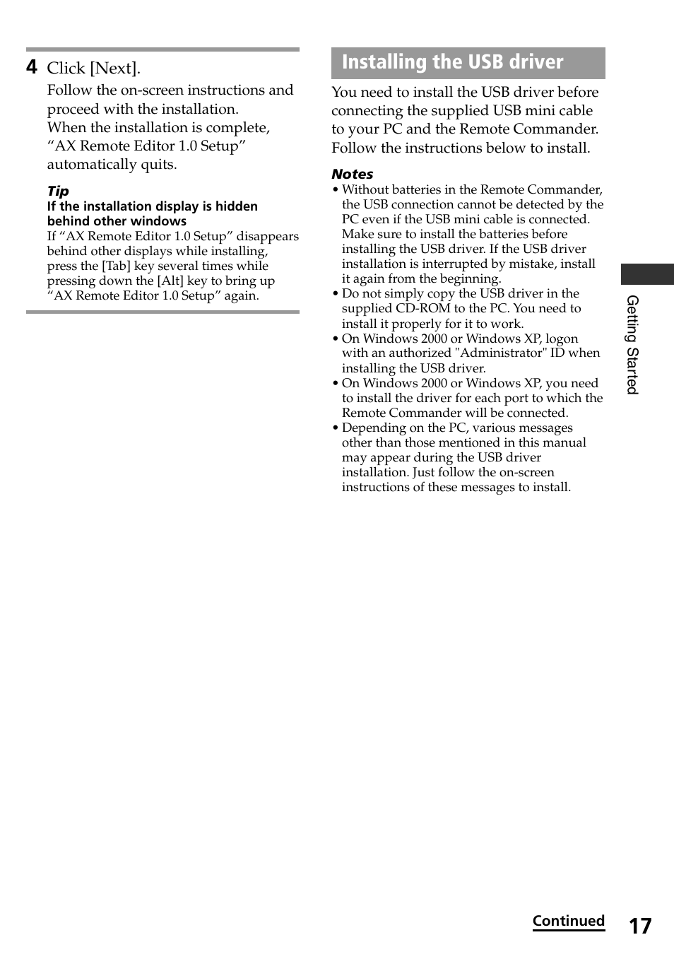 Installing the usb driver | Sony RM-AX4000 User Manual | Page 17 / 96