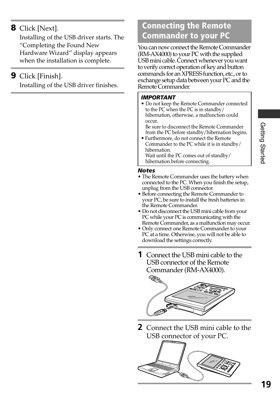 Connecting the remote commander to your pc | Sony RM-AX4000 User Manual | Page 19 / 96