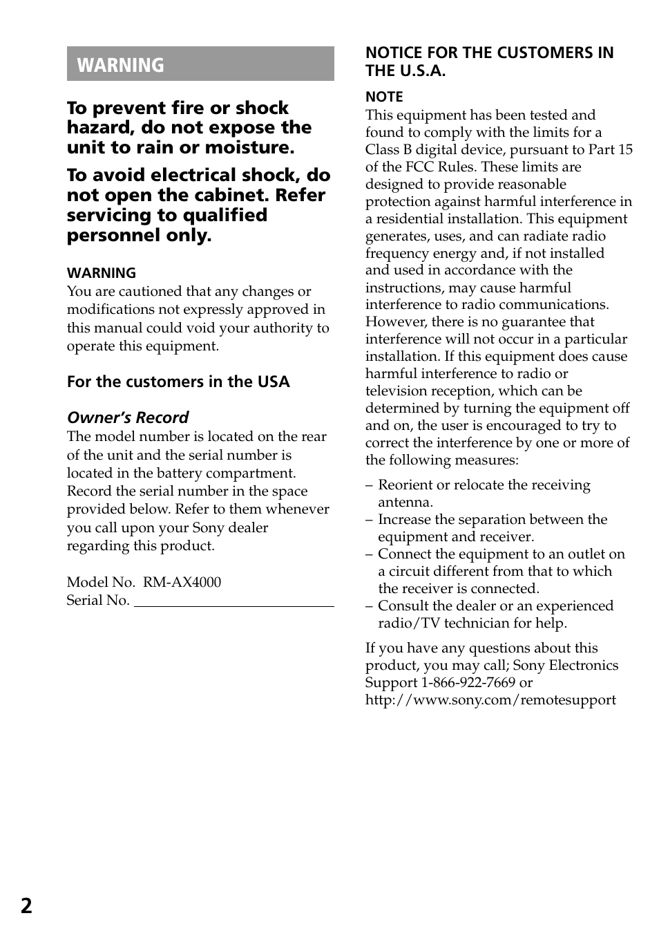 Warning | Sony RM-AX4000 User Manual | Page 2 / 96