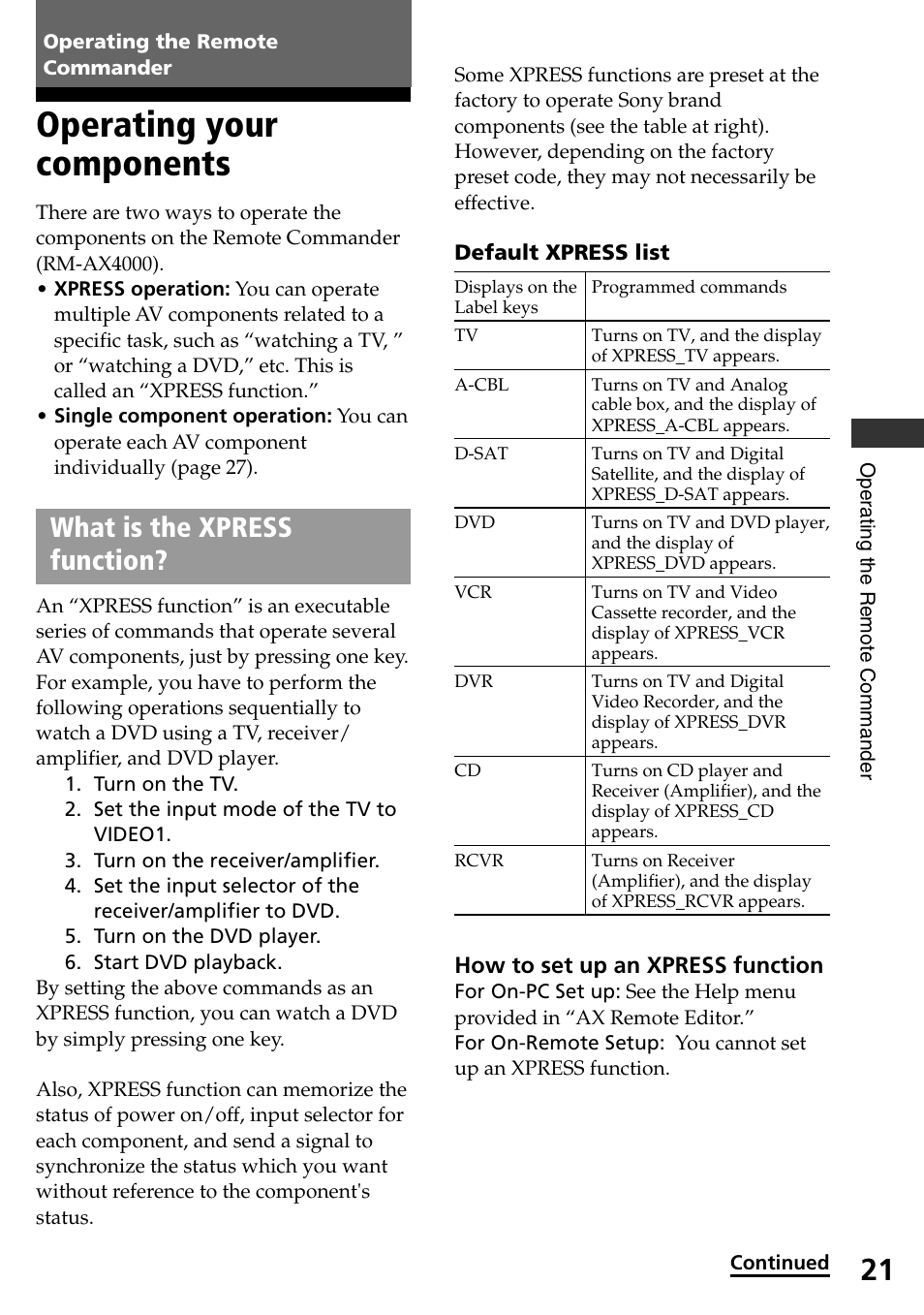 Operating the remote commander, Operating your components, What is the xpress function | Sony RM-AX4000 User Manual | Page 21 / 96