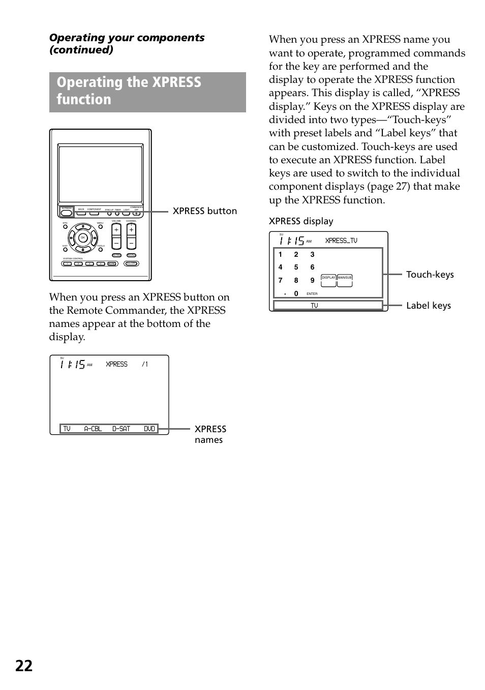 Operating the xpress function, Operating your components (continued), Xpress button touch-keys label keys | Xpress names xpress display, Xpress /1, Tv a-cbl d-sat dvd, Xpress_tv | Sony RM-AX4000 User Manual | Page 22 / 96