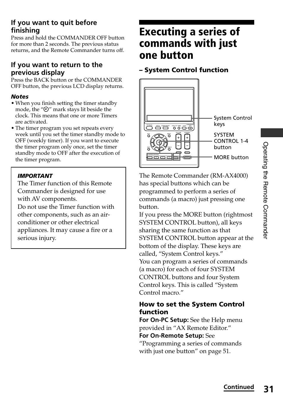 If you want to quit before finishing, If you want to return to the previous display, System control function | How to set the system control function, Oper ating the remote commander, Continued, Important | Sony RM-AX4000 User Manual | Page 31 / 96