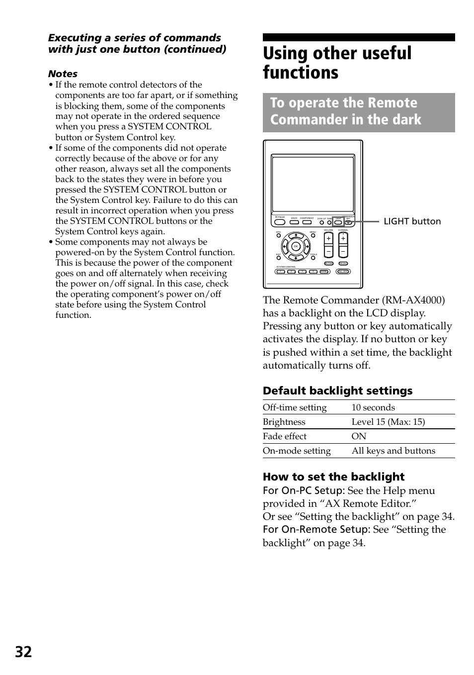 Using other useful functions, To operate the remote commander in the dark, Default backlight settings | How to set the backlight, Light button | Sony RM-AX4000 User Manual | Page 32 / 96