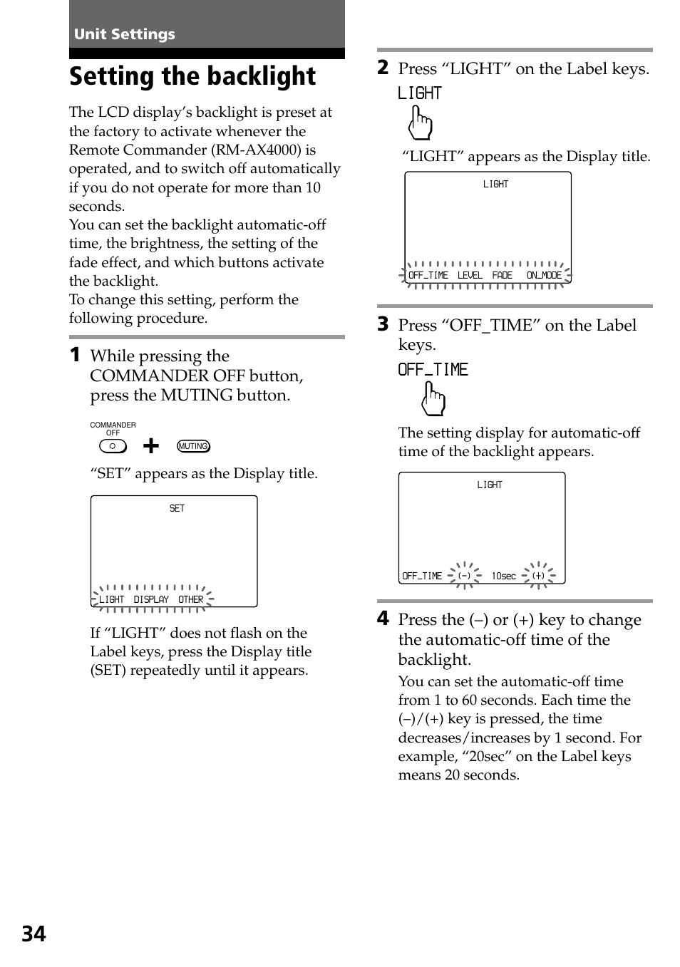 Unit settings, Setting the backlight, Off_time | Light, Press “light” on the label keys, Press “off_time” on the label keys | Sony RM-AX4000 User Manual | Page 34 / 96