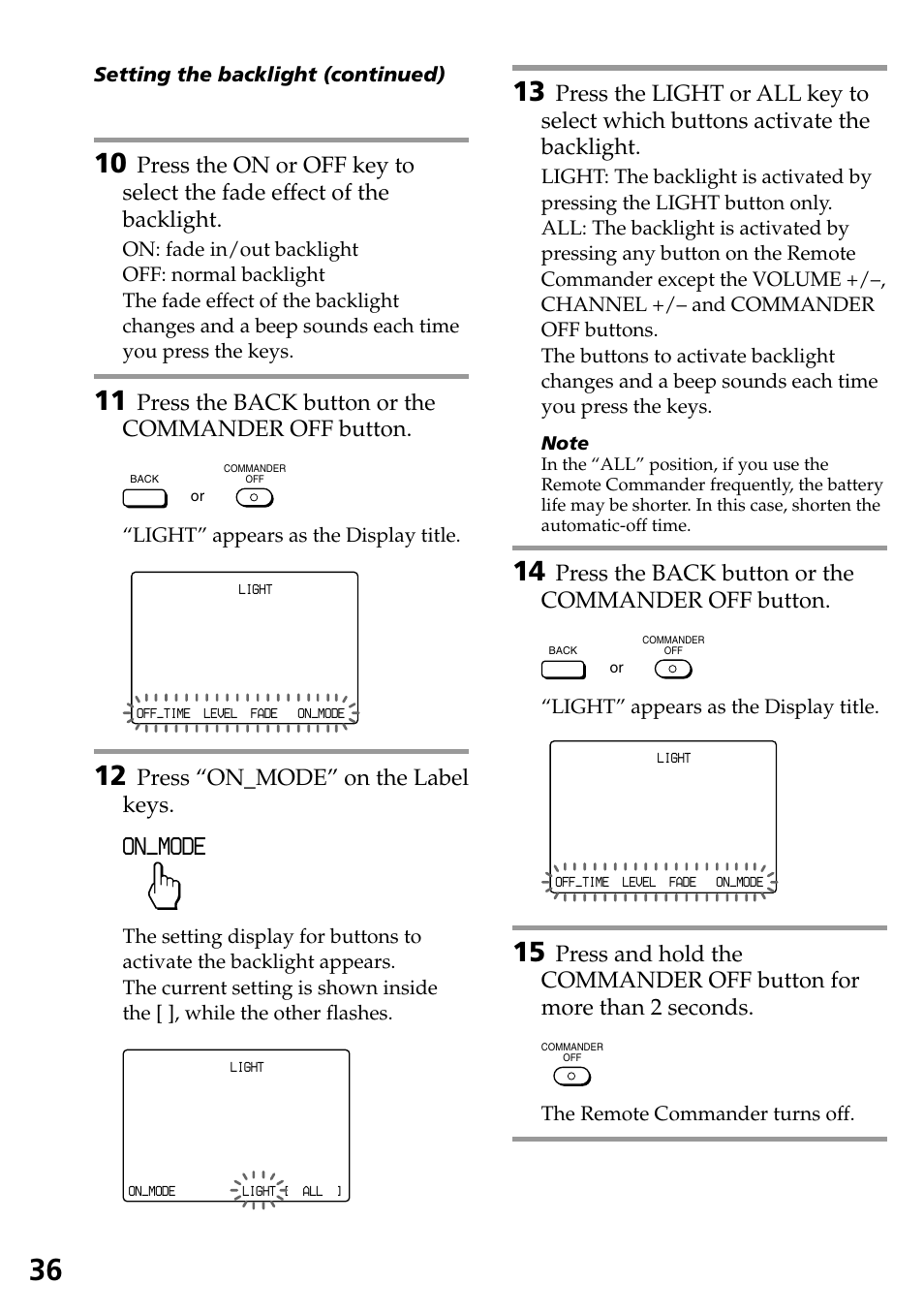 On_mode, Press the back button or the commander off button, Press “on_mode” on the label keys | Sony RM-AX4000 User Manual | Page 36 / 96