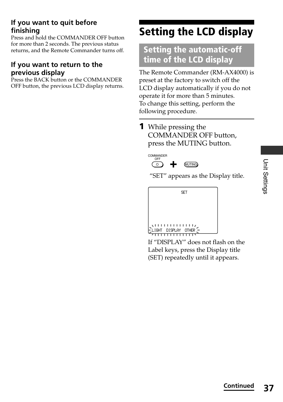 Setting the lcd display, Setting the automatic-off time of the lcd display, If you want to quit before finishing | If you want to return to the previous display | Sony RM-AX4000 User Manual | Page 37 / 96