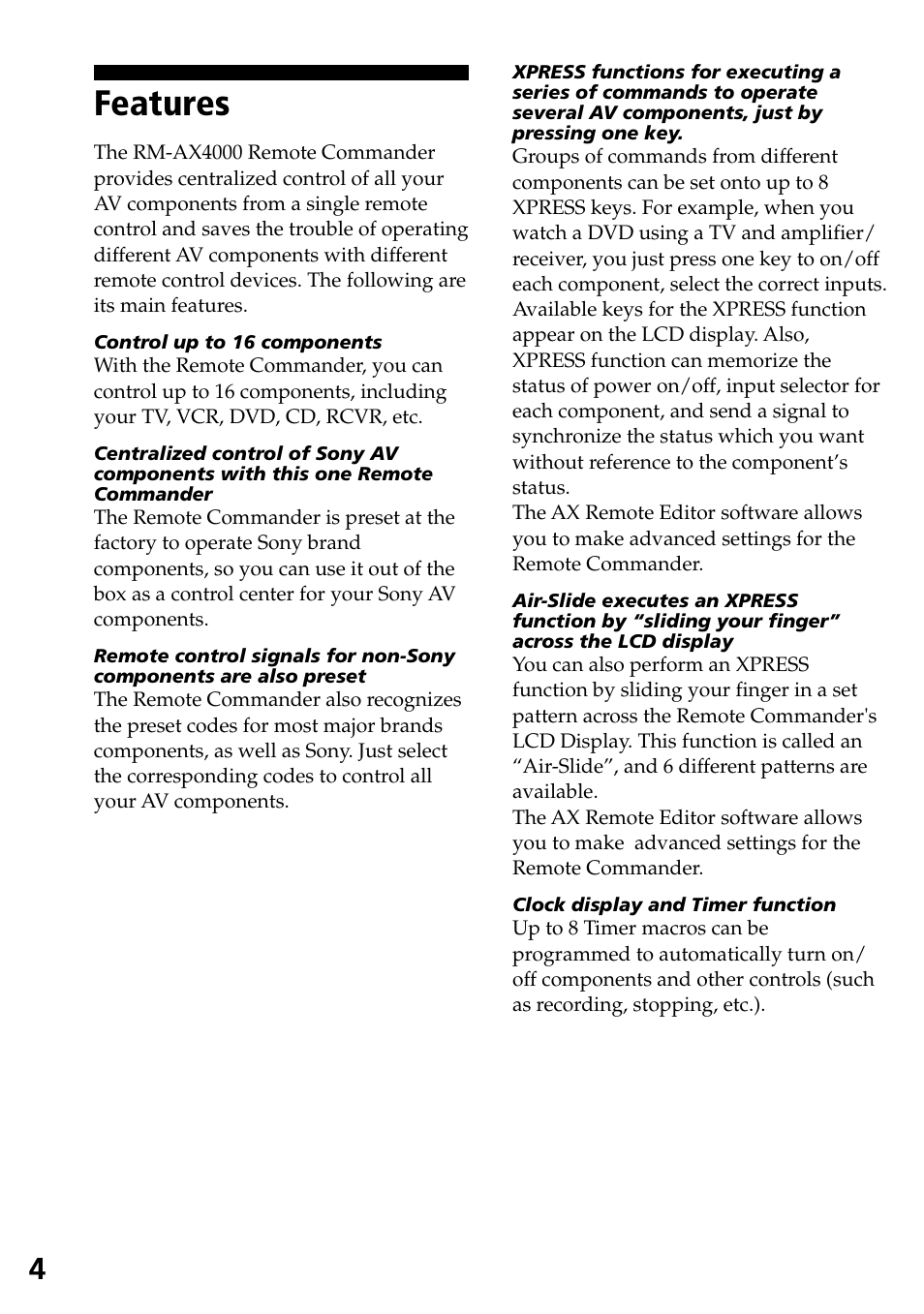 Features | Sony RM-AX4000 User Manual | Page 4 / 96