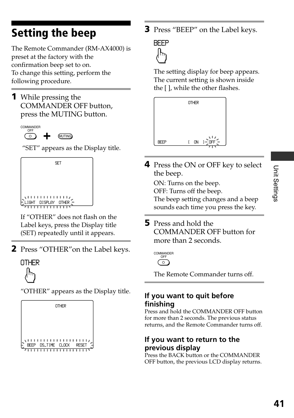 Setting the beep, Other, Beep | Press “beep” on the label keys, Press the on or off key to select the beep, If you want to quit before finishing, If you want to return to the previous display, Press “other”on the label keys | Sony RM-AX4000 User Manual | Page 41 / 96