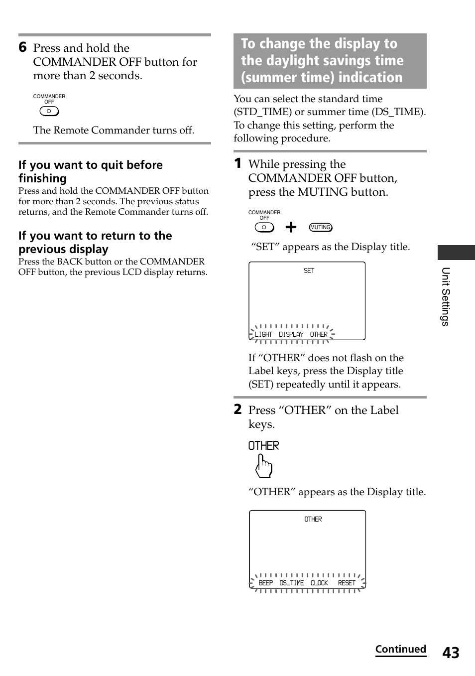 Other, If you want to quit before finishing, If you want to return to the previous display | Press “other” on the label keys | Sony RM-AX4000 User Manual | Page 43 / 96