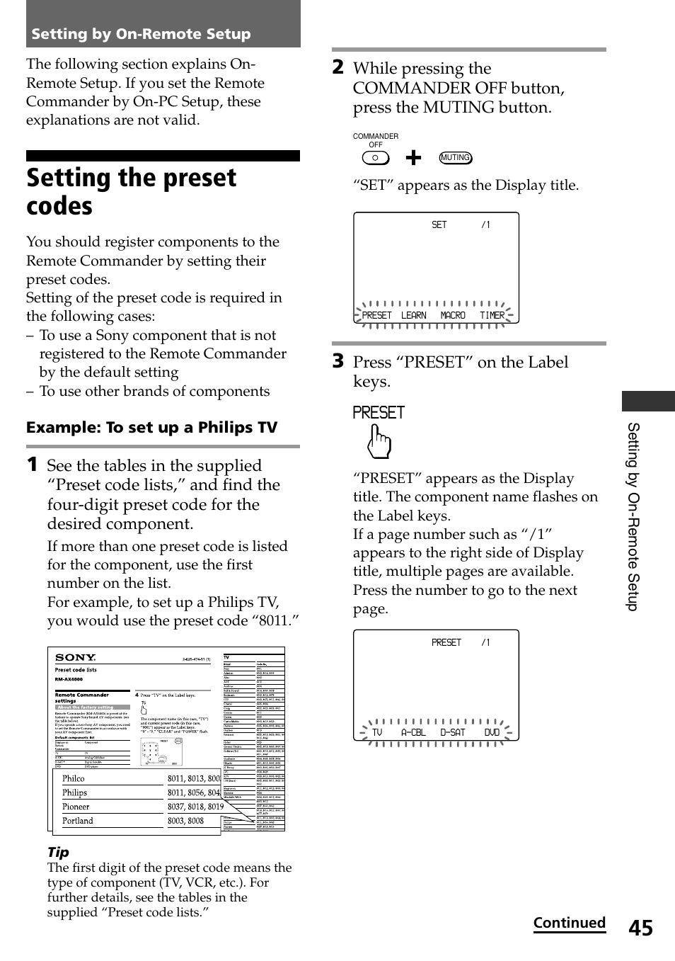 Setting by on-remote setup, Setting the preset codes, Preset | Press “preset” on the label keys | Sony RM-AX4000 User Manual | Page 45 / 96