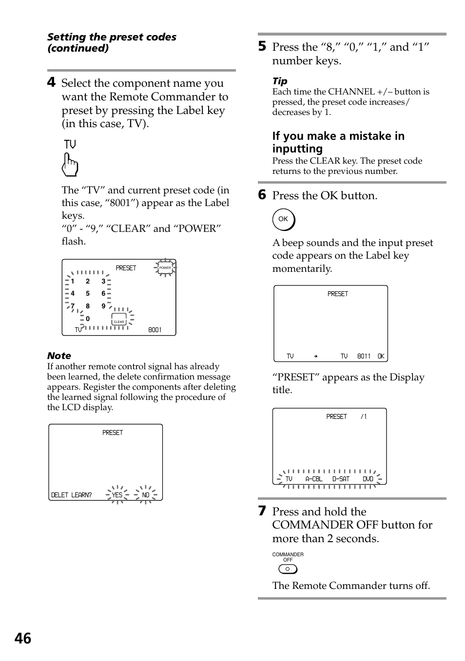 Press the “8,” “0,” “1,” and “1” number keys, If you make a mistake in inputting, Press the ok button | Preset” appears as the display title | Sony RM-AX4000 User Manual | Page 46 / 96