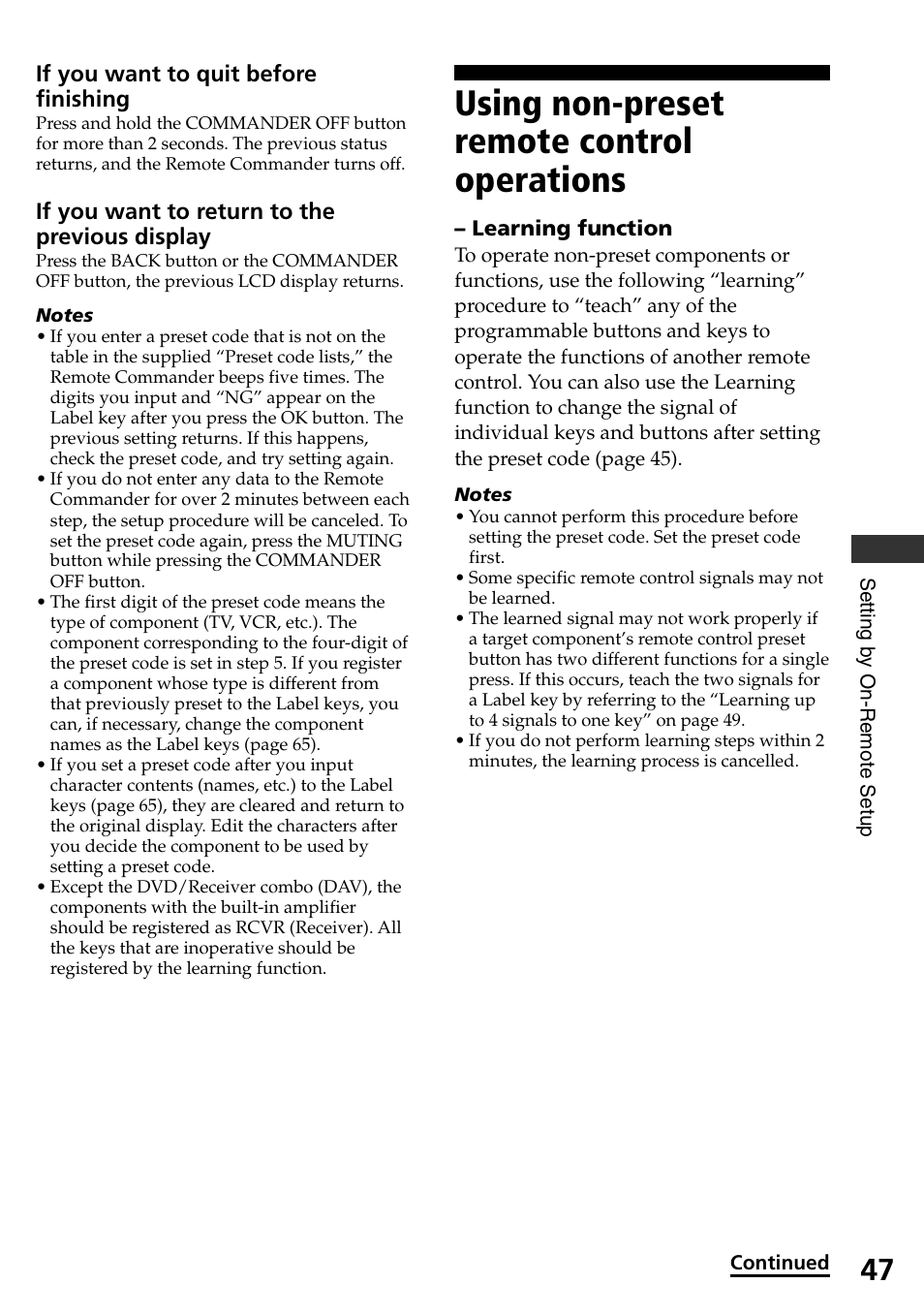 Using non-preset remote control operations | Sony RM-AX4000 User Manual | Page 47 / 96