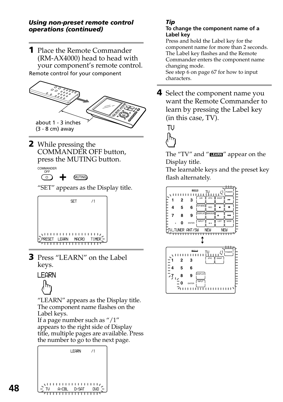 Learn, Press “learn” on the label keys, Set” appears as the display title | The “tv” and | Sony RM-AX4000 User Manual | Page 48 / 96