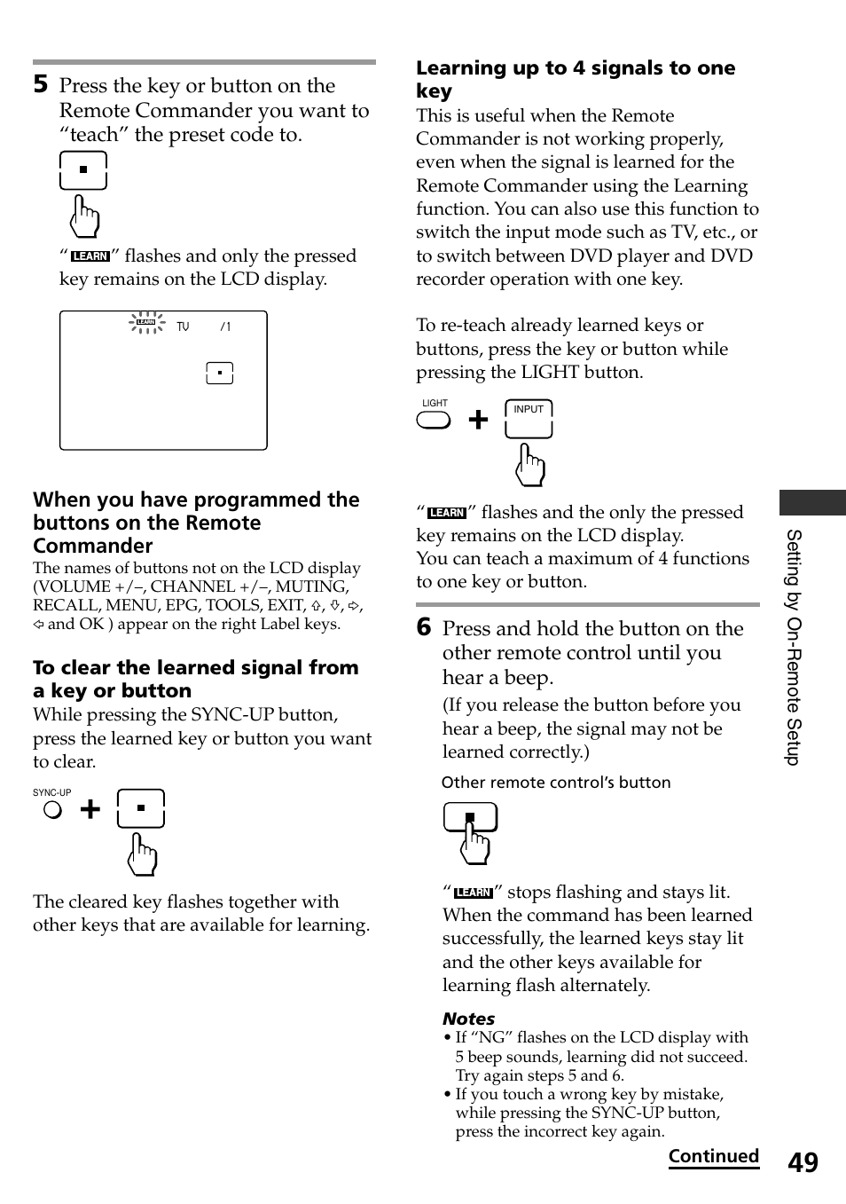 To clear the learned signal from a key or button, Learning up to 4 signals to one key | Sony RM-AX4000 User Manual | Page 49 / 96