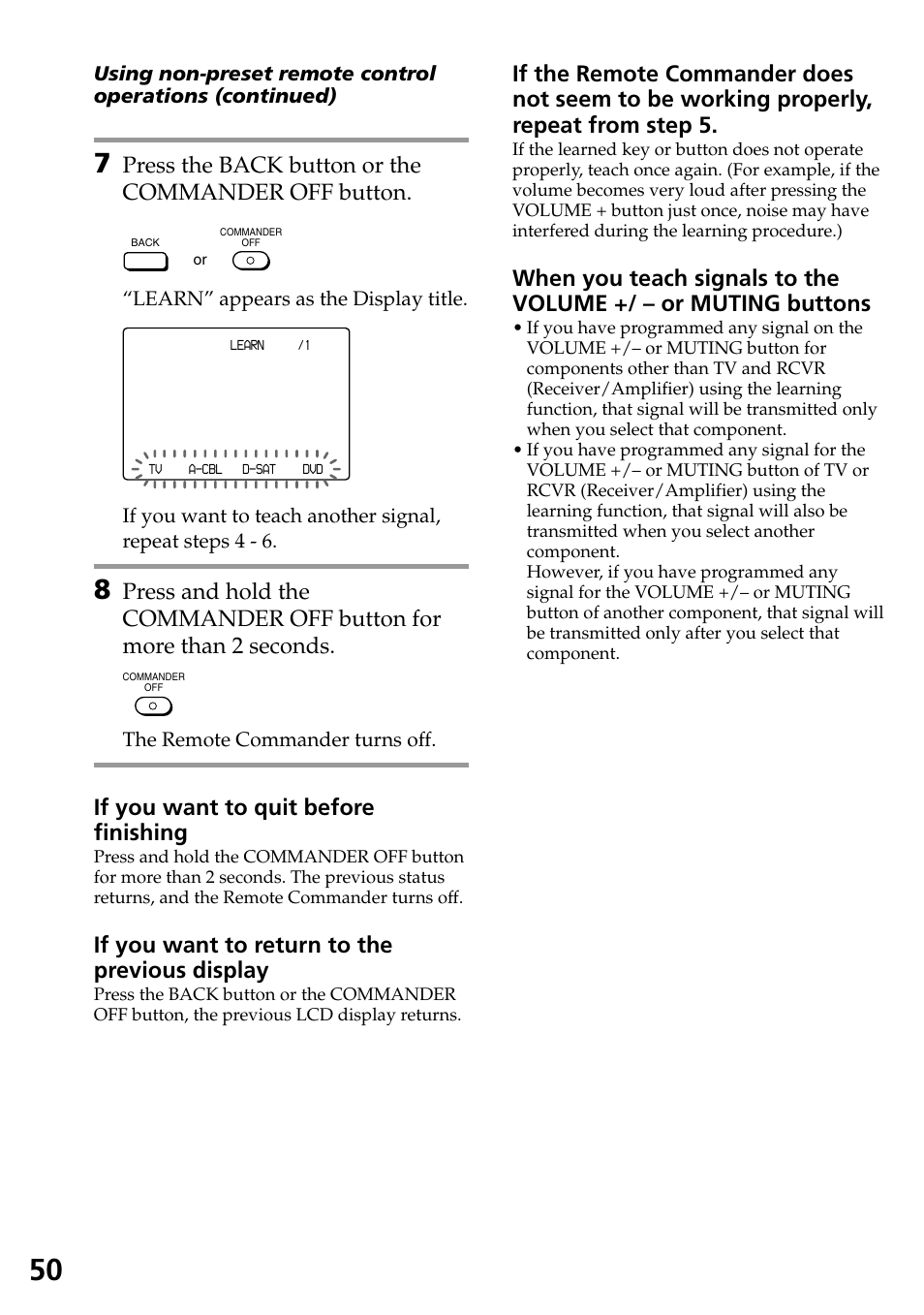 Press the back button or the commander off button, If you want to quit before finishing, If you want to return to the previous display | Sony RM-AX4000 User Manual | Page 50 / 96