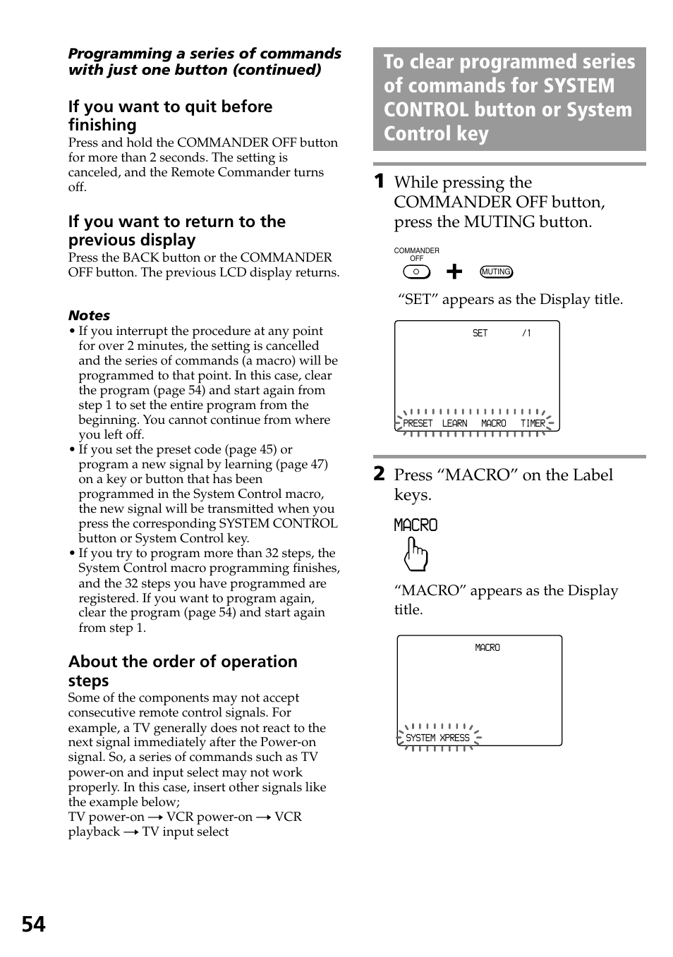 System control key, Macro, If you want to quit before finishing | If you want to return to the previous display, About the order of operation steps, Press “macro” on the label keys | Sony RM-AX4000 User Manual | Page 54 / 96