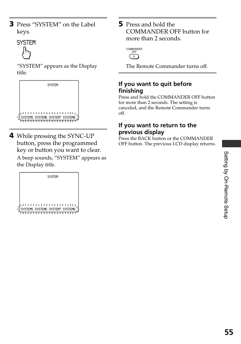 System, Press “system” on the label keys, If you want to quit before finishing | If you want to return to the previous display | Sony RM-AX4000 User Manual | Page 55 / 96