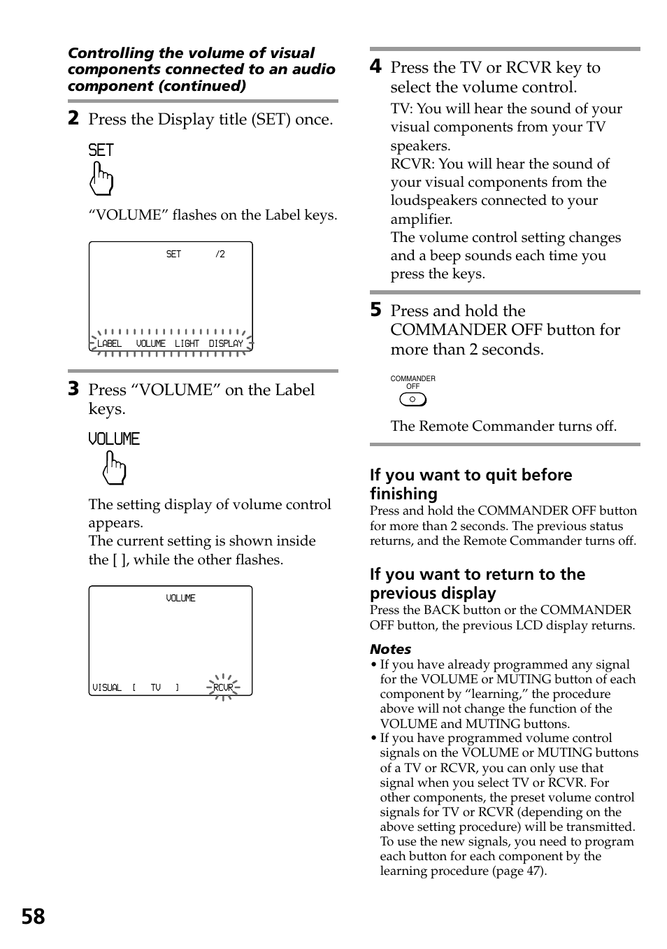 Volume, Press the display title (set) once, Press “volume” on the label keys | If you want to quit before finishing, If you want to return to the previous display | Sony RM-AX4000 User Manual | Page 58 / 96