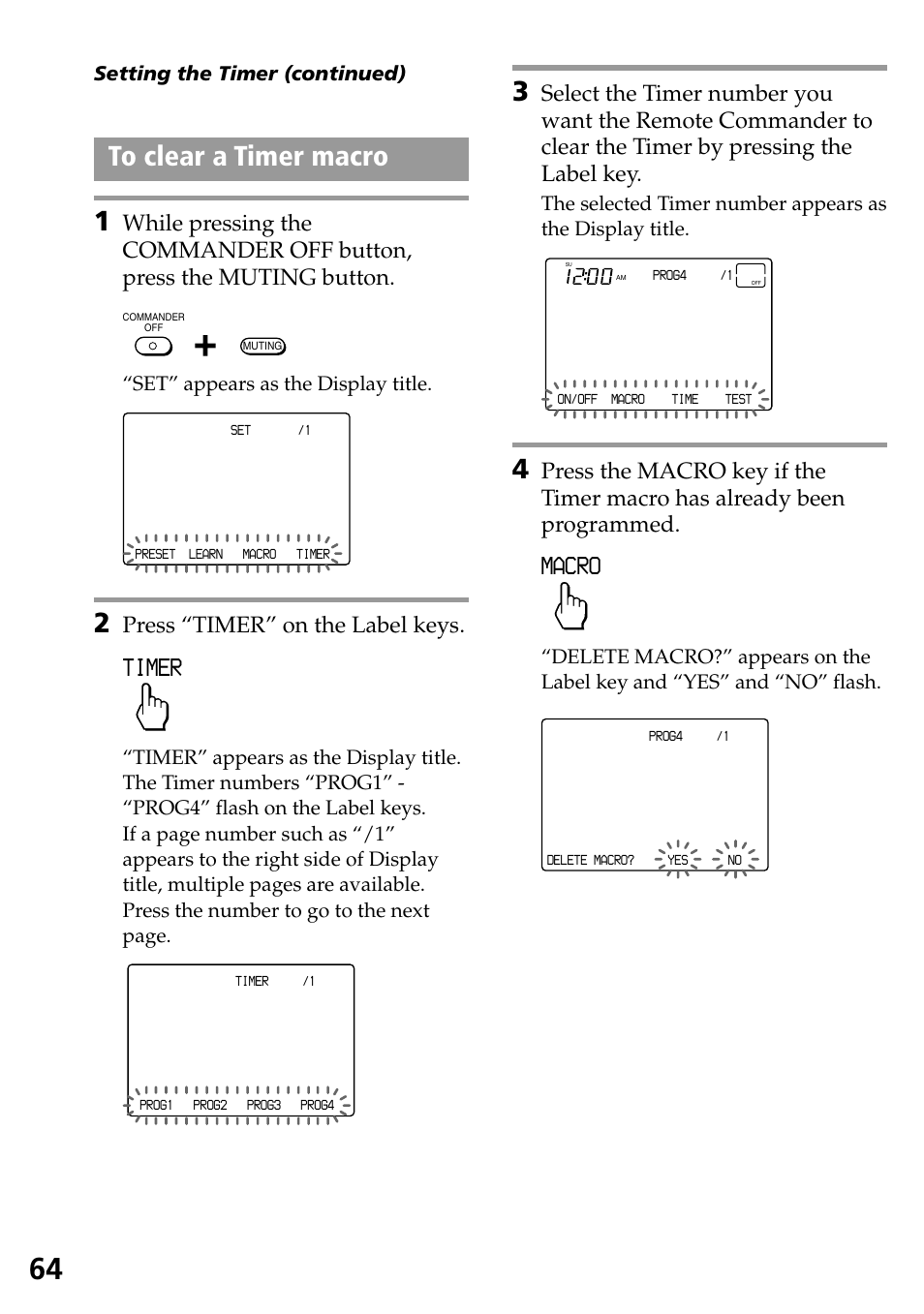 To clear a timer macro, Timer, Macro | Press “timer” on the label keys, Set” appears as the display title, Setting the timer (continued) | Sony RM-AX4000 User Manual | Page 64 / 96