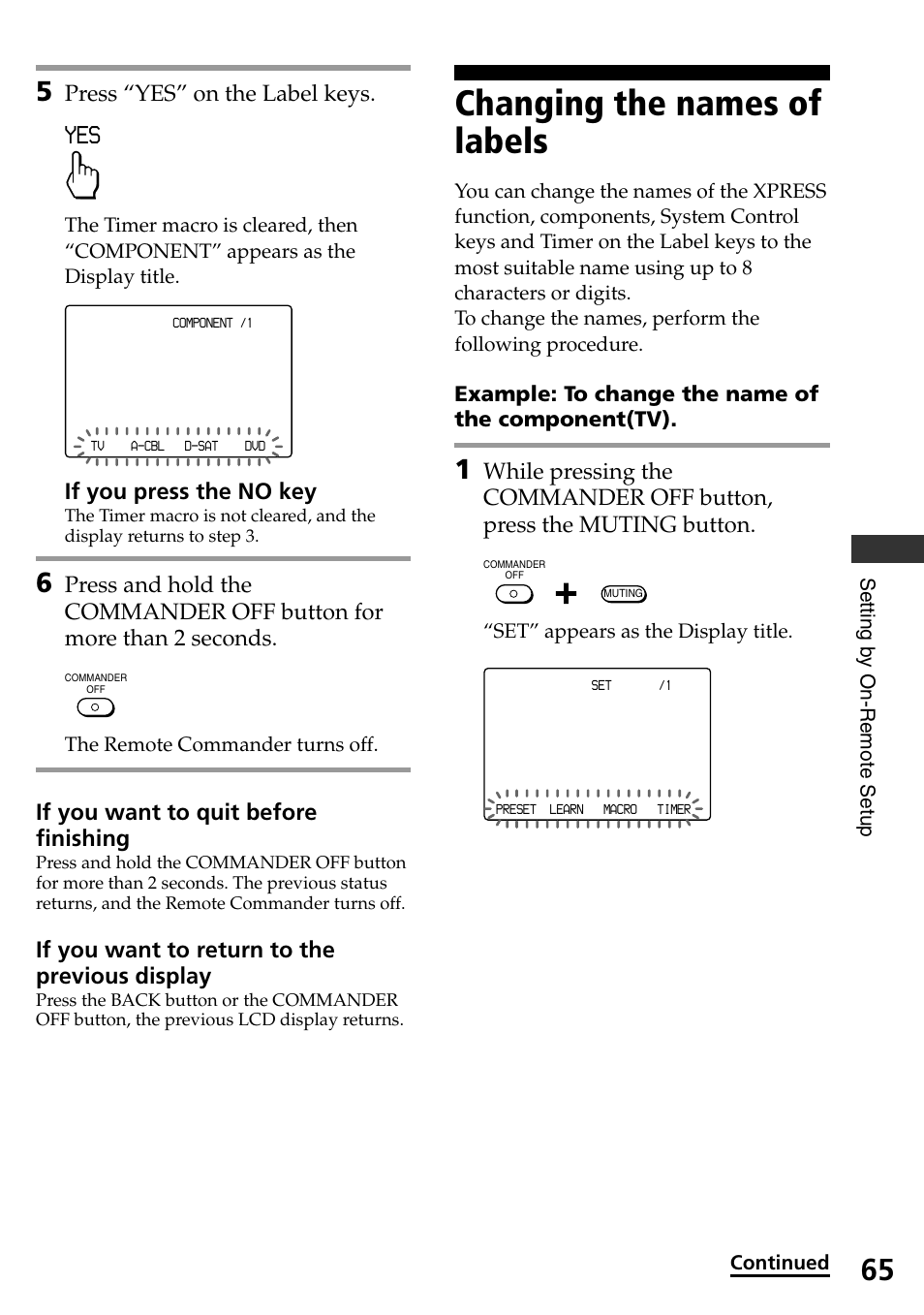 Changing the names of labels, Press “yes” on the label keys, If you press the no key | If you want to quit before finishing, If you want to return to the previous display, Example: to change the name of the component(tv) | Sony RM-AX4000 User Manual | Page 65 / 96