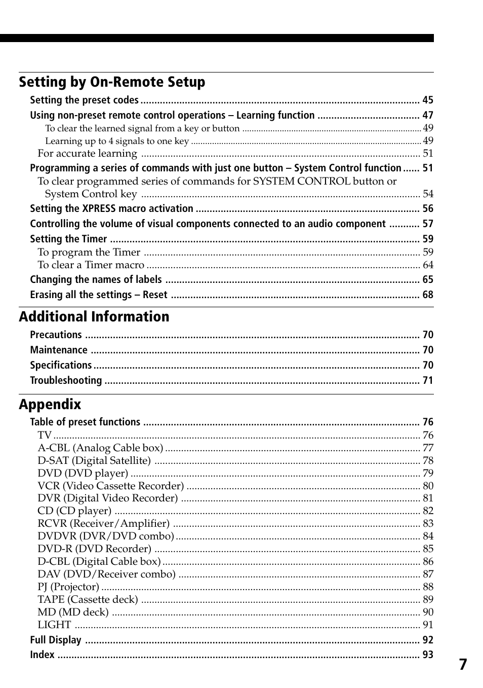 Setting by on-remote setup, Additional information, Appendix | Sony RM-AX4000 User Manual | Page 7 / 96