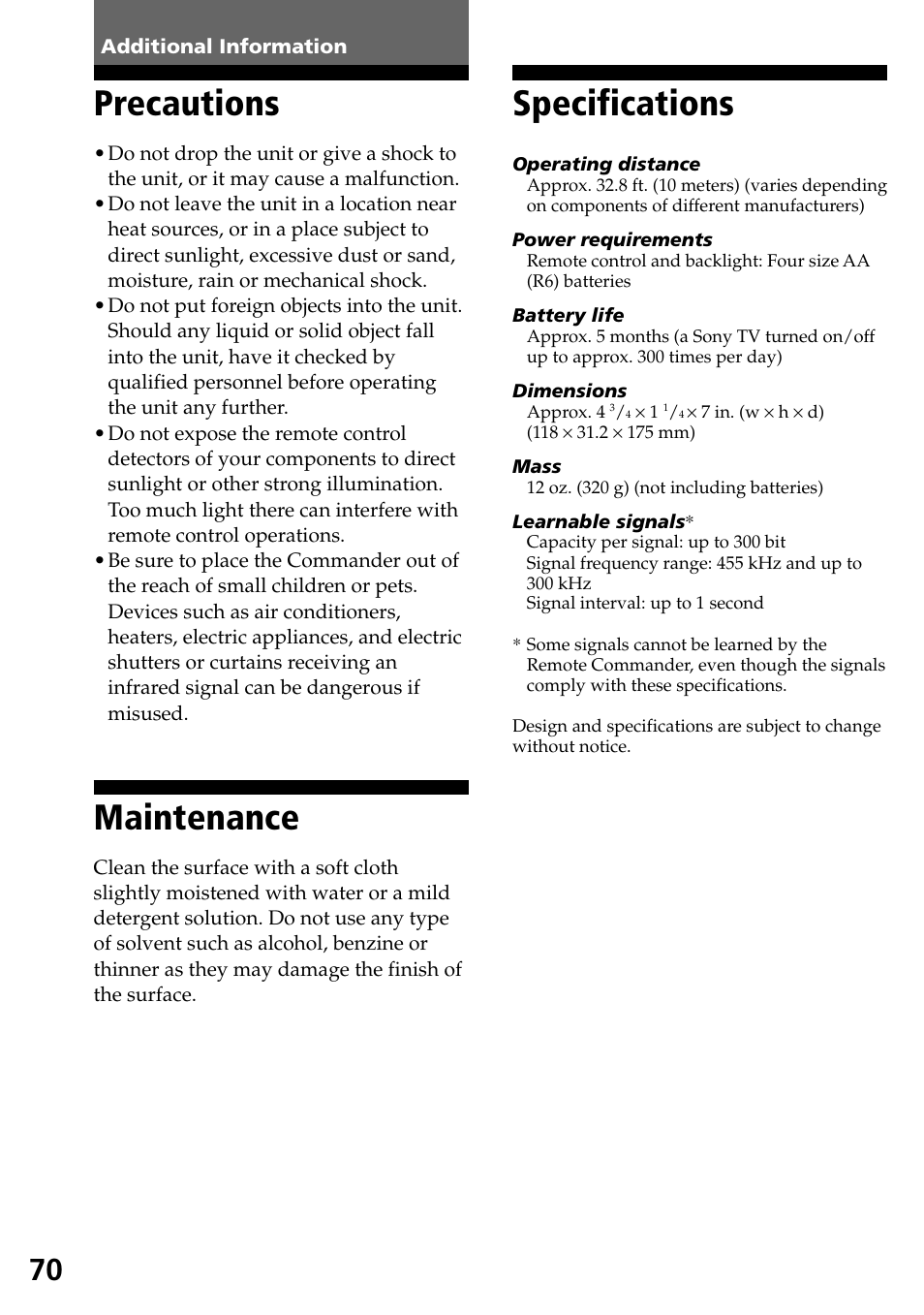 Additional information, Precautions, Maintenance | Specifications, Precautions maintenance specifications | Sony RM-AX4000 User Manual | Page 70 / 96