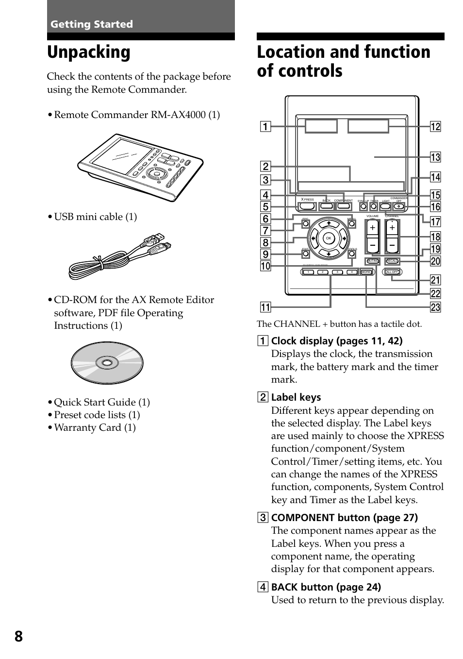 Getting started, Unpacking, Location and function of controls | Unpacking location and function of controls | Sony RM-AX4000 User Manual | Page 8 / 96