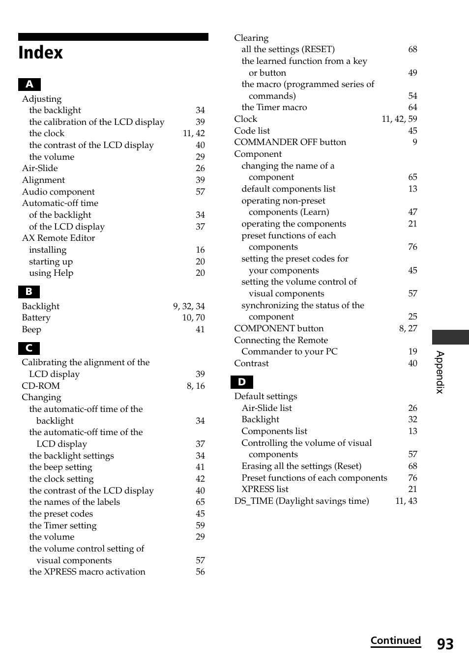 Index | Sony RM-AX4000 User Manual | Page 93 / 96