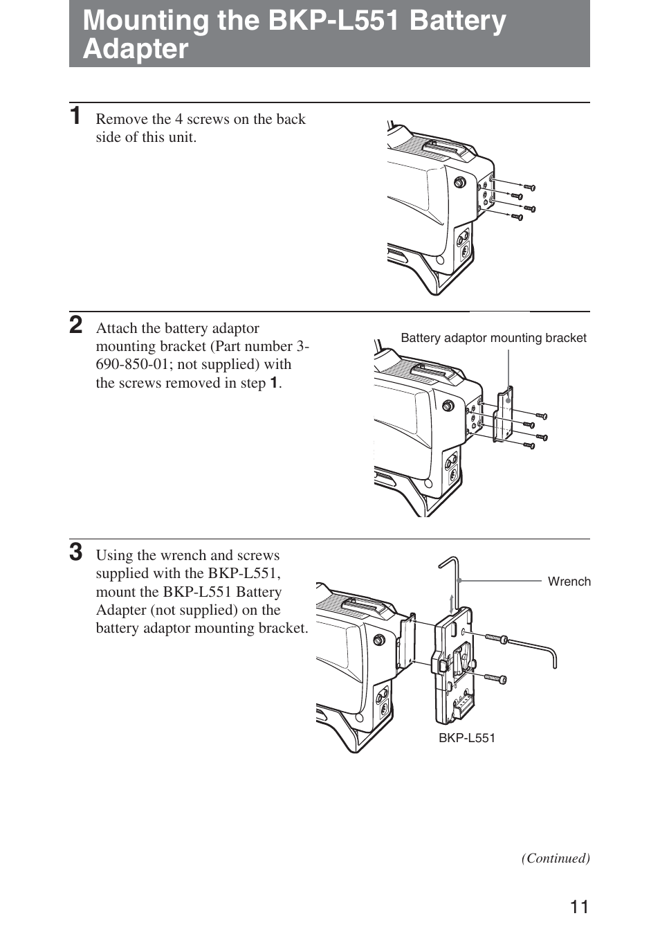 Mounting the bkp-l551 battery adapter | Sony ca-d50 User Manual | Page 11 / 14