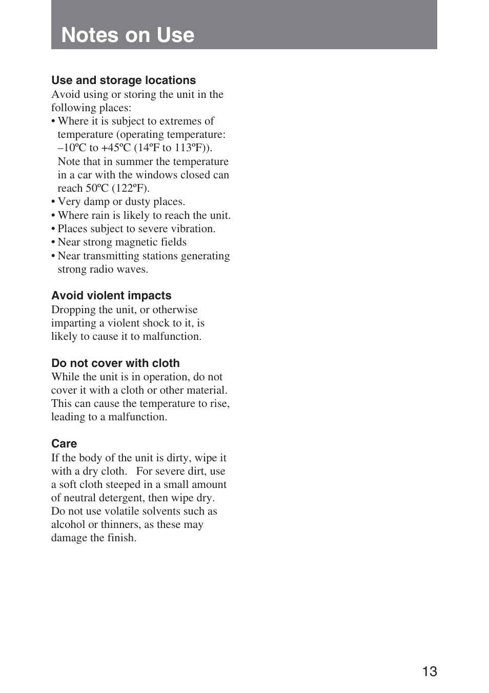 Notes on use | Sony ca-d50 User Manual | Page 13 / 14