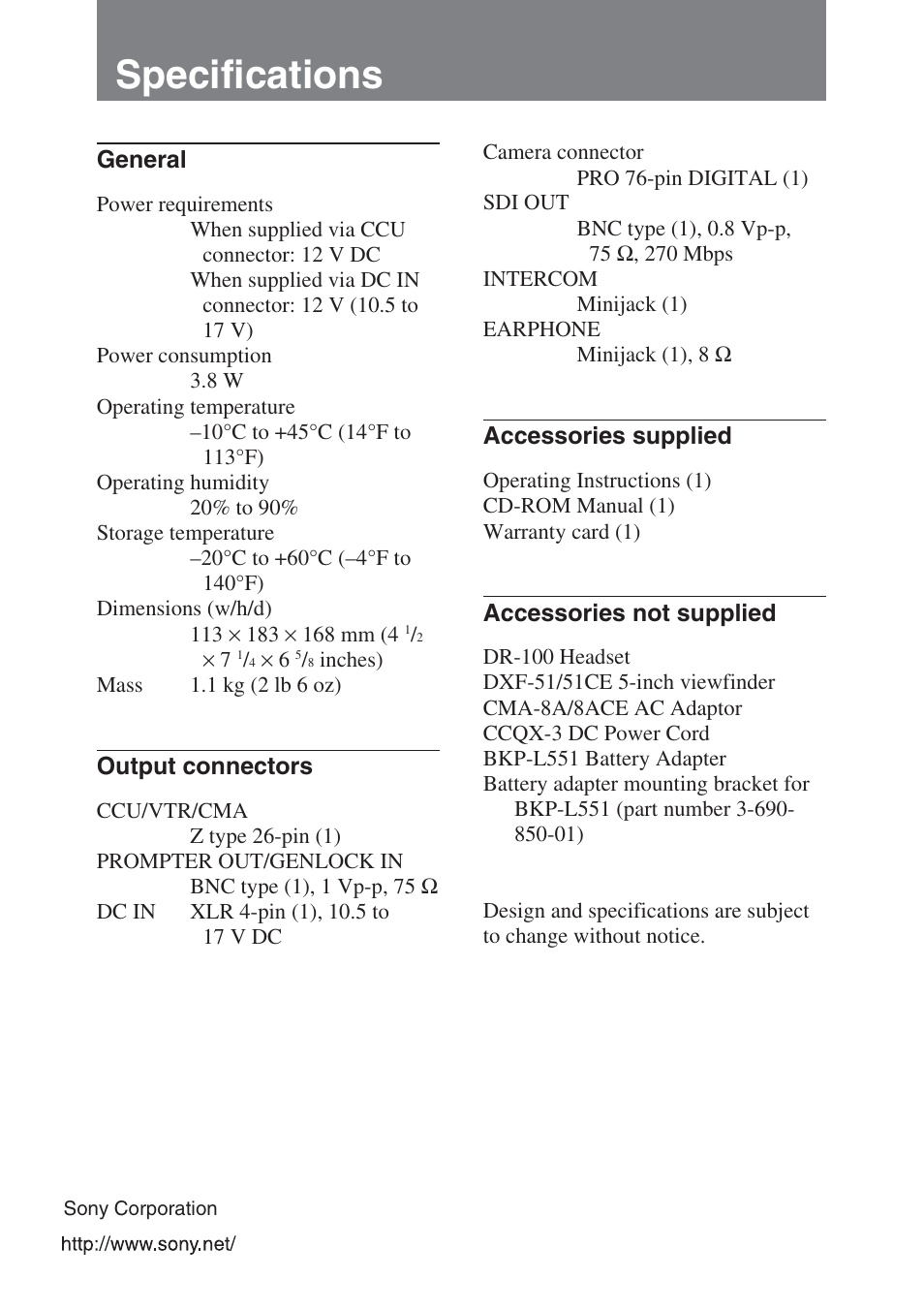 Specifications | Sony ca-d50 User Manual | Page 14 / 14