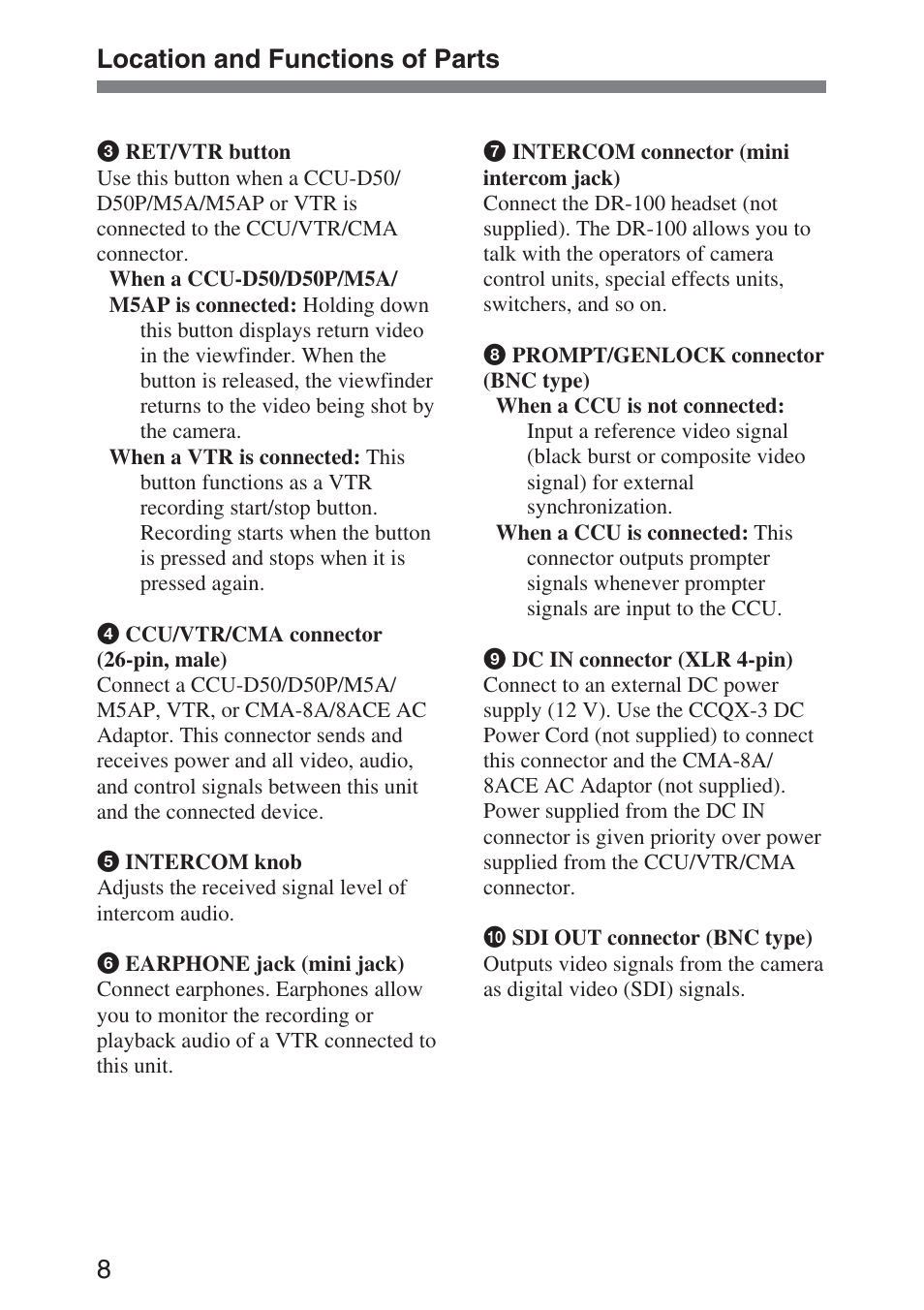 Location and functions of parts | Sony ca-d50 User Manual | Page 8 / 14