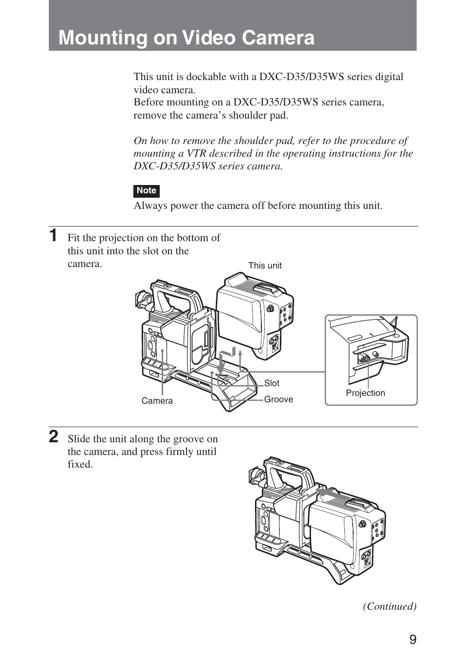 Mounting on video camera | Sony ca-d50 User Manual | Page 9 / 14