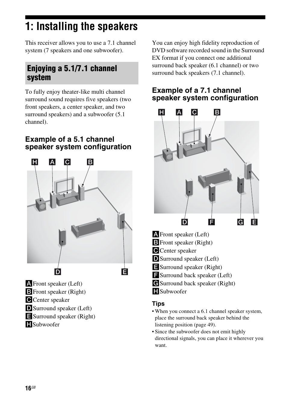 Installing the speakers, Enjoying a 5.1/7.1 channel system | Sony 3-289-450-44(1) User Manual | Page 16 / 100